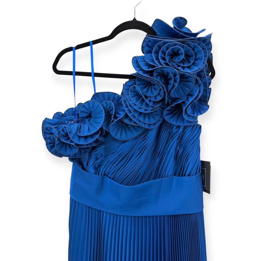 Mac Duggal Blue Pleated‎ Charmeuse One-Shoulder Ruffle Detail Evening Gown Sz 10 - Picture 6 of 11
